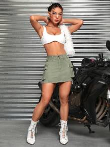 SHEIN ICON Flap Pocket Denim Skirt