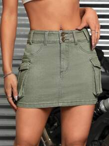 SHEIN ICON Flap Pocket Denim Skirt