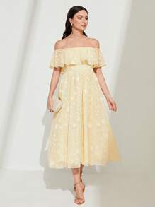 SHEIN Belle 一字肩荷葉邊伴娘洋裝 - 米色 - 查看 5