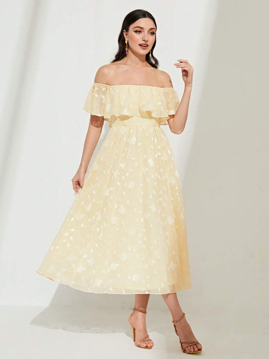 SHEIN Belle 一字肩荷葉邊伴娘洋裝 - 米色 - 查看 1