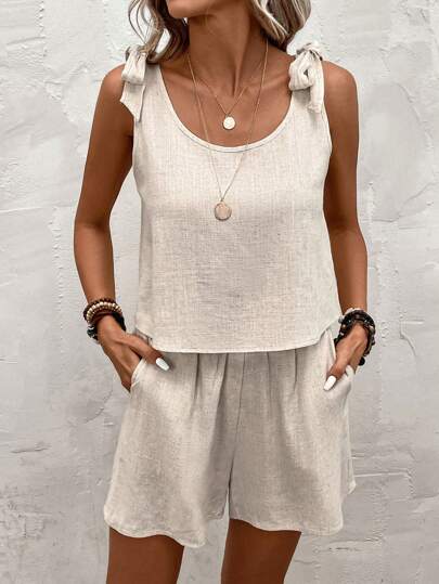 SHEIN LUNE Casual Eenkleurig Dames tweedelige outfits Geknoopt Zak