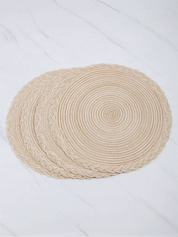 4pcs Plain Round Placemat, Beige Polyester Woven Design Table Mat, Heat