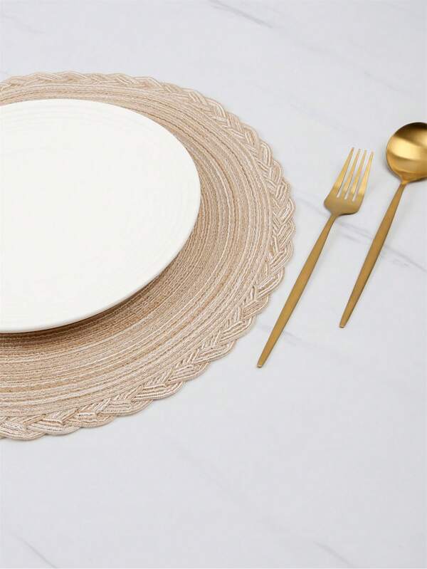 4pcs Plain Round Placemat, Beige Polyester Woven Design Table Mat, Heat