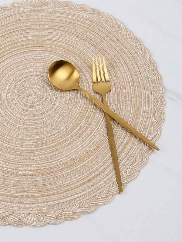 4pcs Plain Round Placemat, Beige Polyester Woven Design Table Mat, Heat