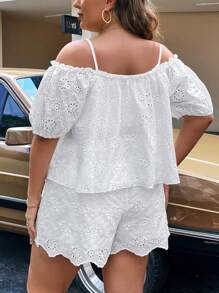 SHEIN Franclia Plus Cold Shoulder Schiffy Top & Shorts - White - View 2