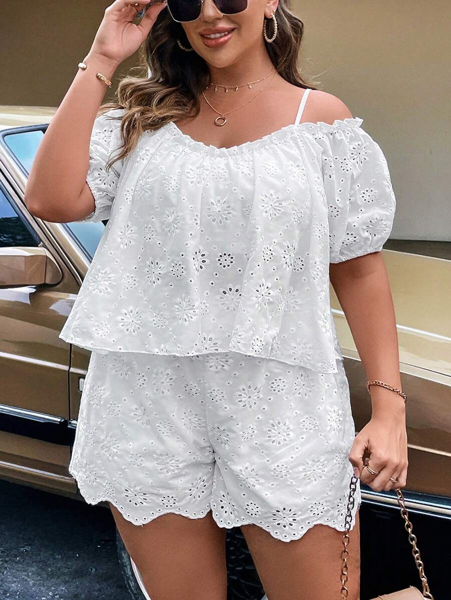 SHEIN Franclia Plus Cold Shoulder Schiffy Top & Shorts - White - View 1
