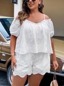 SHEIN Franclia Plus Cold Shoulder Schiffy Top & Shorts - White - View 4