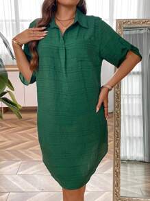 SHEIN LUNE 大碼捲邊袖弧形下擺襯衫連衣裙 - 綠色 - 查看 4