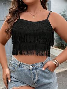 Celure Plus Fringe Trim Cami Top - Black - View 8