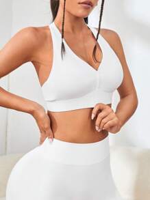 SHEIN Solid Backless Sports Bra - White - View 4