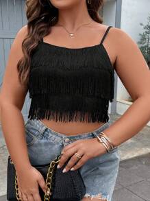Celure Plus Fringe Trim Cami Top - Black - View 3