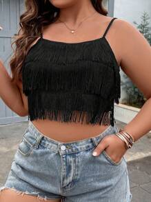 Celure Plus Fringe Trim Cami Top - Black - View 4