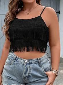 Celure Plus Fringe Trim Cami Top - Black - View 5