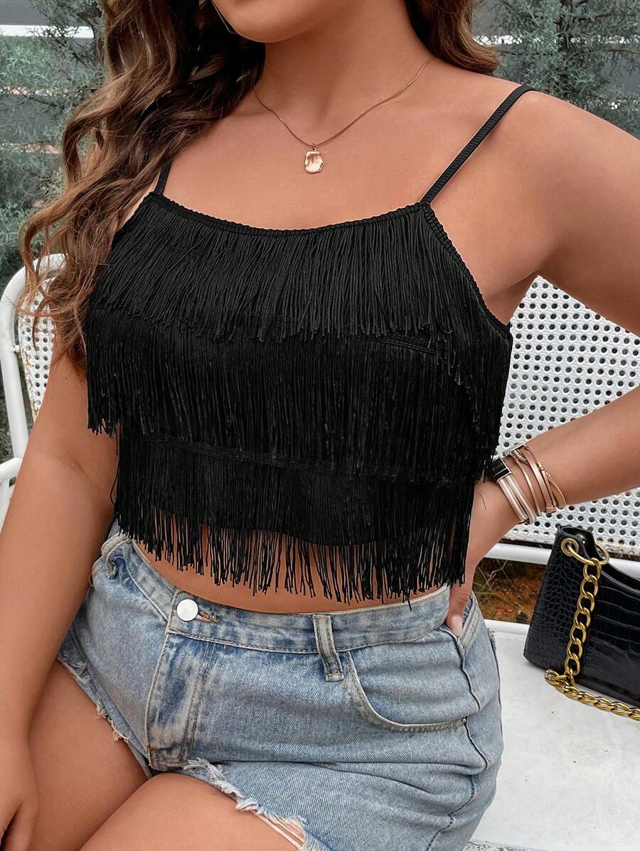 Celure Plus Fringe Trim Cami Top - Black - View 1