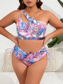 SHEIN Swim Curve Plus Size Snakeskin Print One Shoulder Bikini Set Summer Beach - Multicolor - View 3