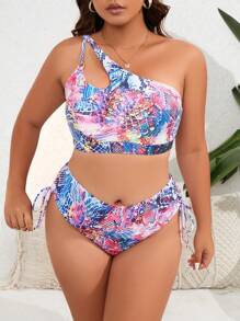 SHEIN Swim Curve Plus Size Snakeskin Print One Shoulder Bikini Set Summer Beach - Multicolor - View 4