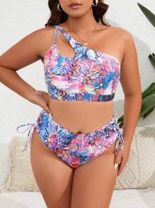 SHEIN Swim Curve Plus Size Snakeskin Print One Shoulder Bikini Set Summer Beach - Multicolor - View 5