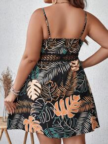 SHEIN VCAY Plus Size Boho Tropical Print Guipure Lace Insert Cami Summer Dress - Multicolor - View 3