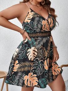 SHEIN VCAY Plus Size Boho Tropical Print Guipure Lace Insert Cami Summer Dress - Multicolor - View 4