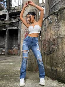 SHEIN ICON Quần jean nữ Túi Bị tách Dây kéo màu trơn - Rửa trung bình - Xem 1