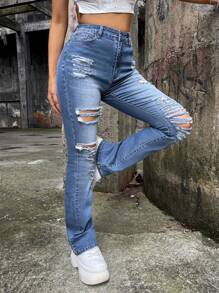 SHEIN ICON Quần jean nữ Túi Bị tách Dây kéo màu trơn - Rửa trung bình - Xem 5