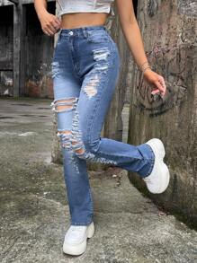 SHEIN ICON Quần jean nữ Túi Bị tách Dây kéo màu trơn - Rửa trung bình - Xem 6