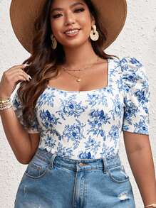 SHEIN VCAY Camiseta con estampado floral de manga farol - Azul y blanco - Ver 6