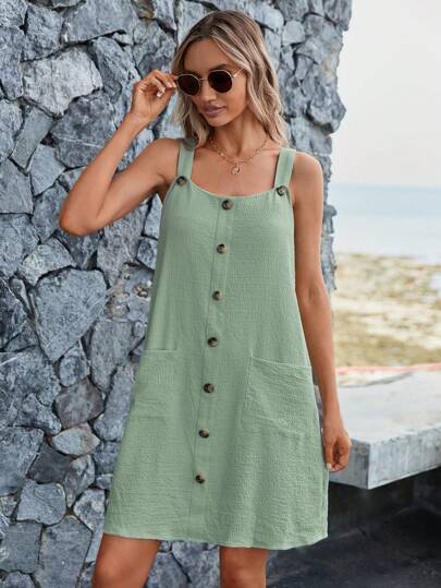 SHEIN JORESS Vestido de tirantes con botón delantero con parche de bolsillo