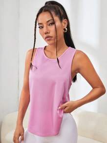 SHEIN Yoga Basic 素色工字弧形下擺運動背心 - 粉色 - 查看 4