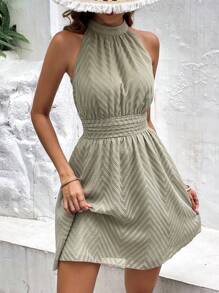 SHEIN Frenchy 素色繞頸A-線連衣裙 - 軍綠色 - 查看 1