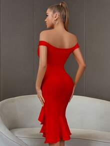 Off Shoulder Twist Front Ruffle Trim Mermaid Hem Party Dress - Red - View 2