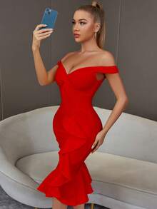 Off Shoulder Twist Front Ruffle Trim Mermaid Hem Party Dress - Red - View 3