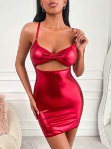 RueChic Cut Out Front PU Leather Bodycon Dress - Red - View 4