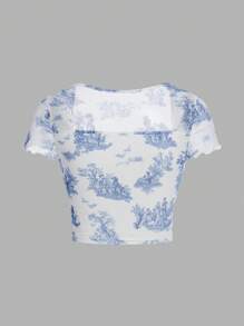 SHEIN Girlism Teen Mädchen T-Shirt mit Figur & Baum Muster, eckigem Ausschnitt,