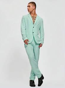 Manfinity NiteLyfe Men Lapel Neck Solid Blazer & Pants Set - Mint Green - View 1