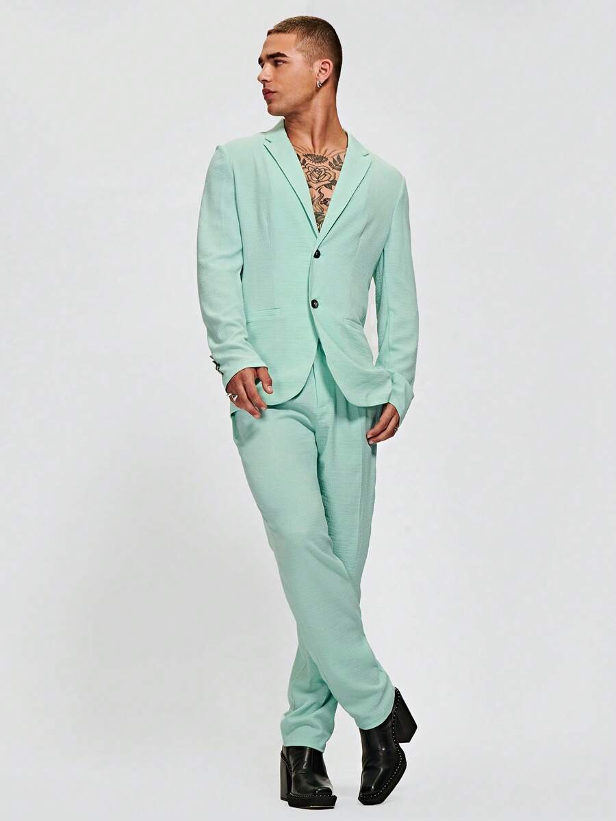 Manfinity NiteLyfe Men Lapel Neck Solid Blazer & Pants Set - Mint Green - View 1