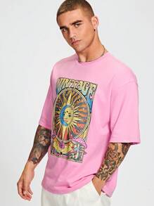 Manfinity RebelGame Men Casual Sun & Letter Graphic Crew Neck Tee
