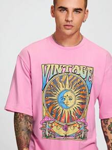Manfinity RebelGame Men Casual Sun & Letter Graphic Crew Neck Tee