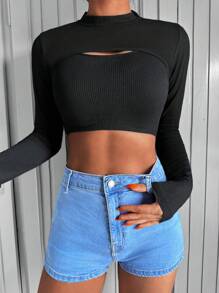 EURMUSE Mock Neck Super Crop Top Without Cami Top - Black - View 1