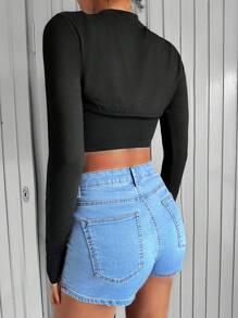 EURMUSE Mock Neck Super Crop Top Without Cami Top - Black - View 2