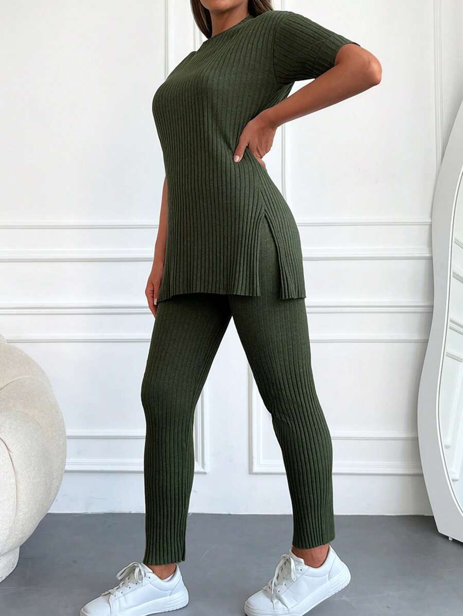 RueChic Solid Split Hem Tee & Trousers - Dark Green - View 1