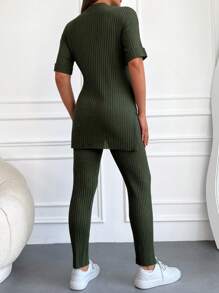 RueChic Solid Split Hem Tee & Trousers - Dark Green - View 2