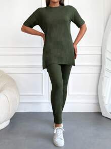 RueChic Solid Split Hem Tee & Trousers - Dark Green - View 5