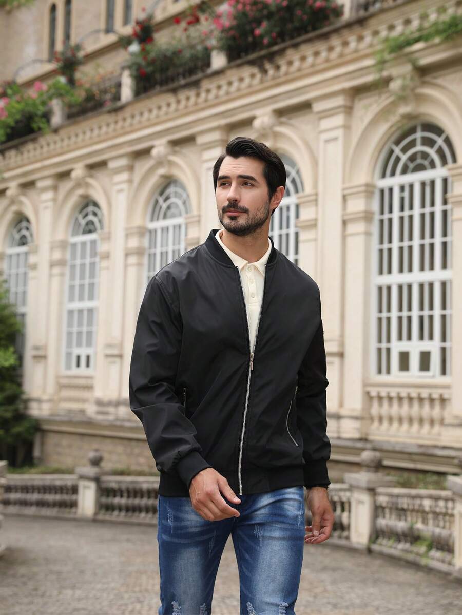 CLOUDSTYLE Hombres Cazadora tipo bomber unicolor con cremallera delantera - Negro - Ver 1