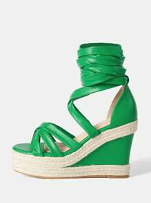 SheIn SXY 女士簡約麻底坡跟涼鞋，夏季度假涼鞋 - 綠色 - 查看 2