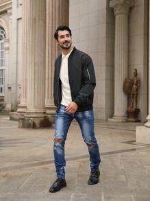 CLOUDSTYLE Hombres Cazadora tipo bomber unicolor con cremallera delantera - Negro - Ver 4