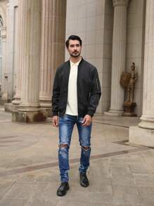 CLOUDSTYLE Hombres Cazadora tipo bomber unicolor con cremallera delantera - Negro - Ver 6