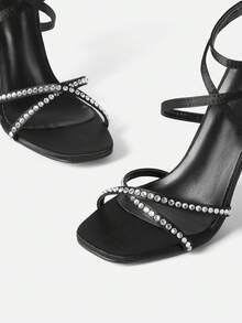 SheIn SXY 女性鑲有鑽石裝飾雕塑跟高涼鞋,迷人的戶外踝帶高跟涼鞋 - 黑色 - 查看 4