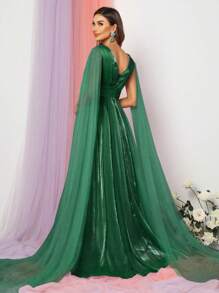 Chất rắn Lưới tương phản Váy phù dâu - Màu xanh lá cây đậm - Xem 2