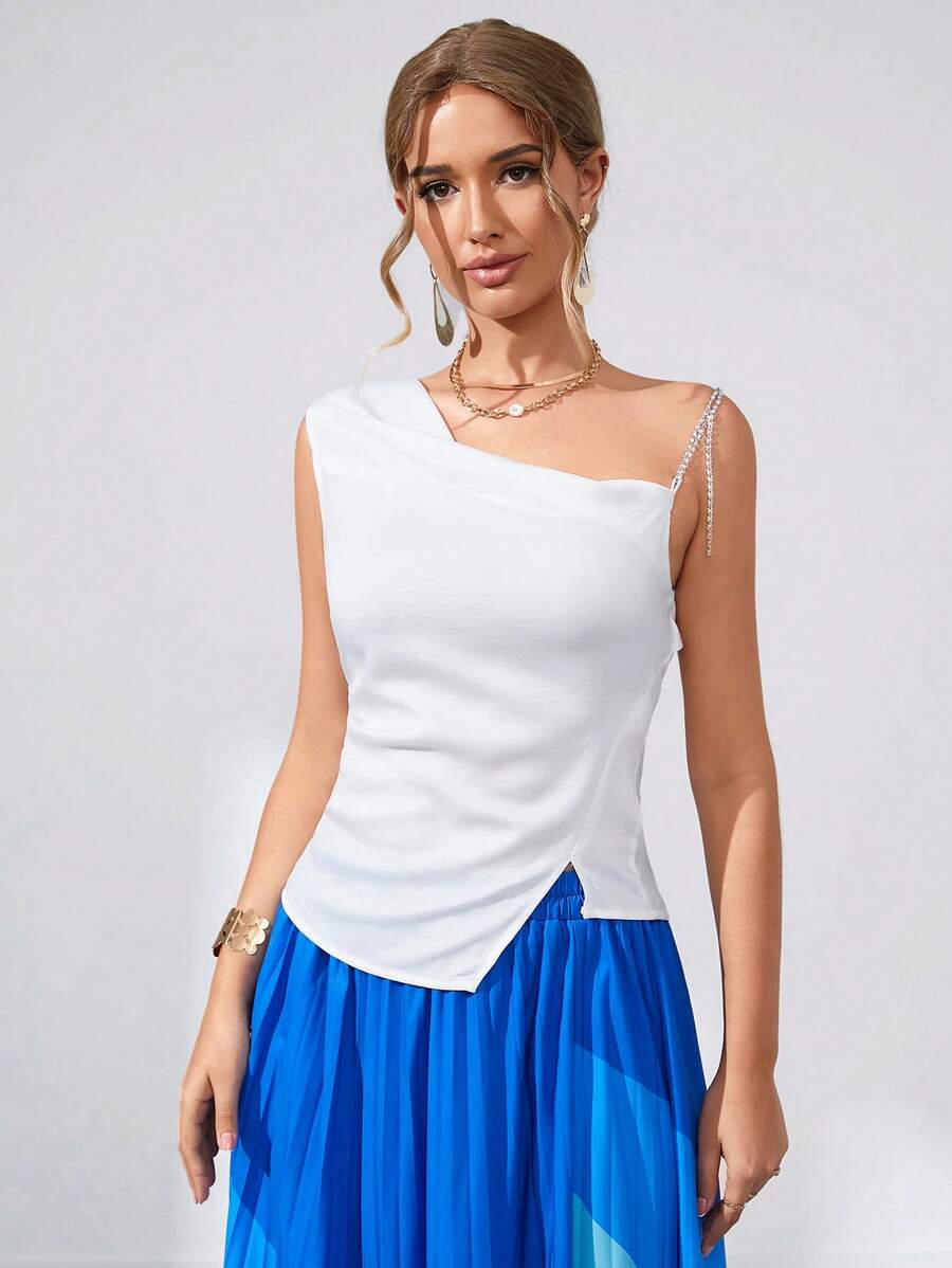SHEIN Unity 素色不對稱領鏈條細節襯衫 - 白色 - 查看 1